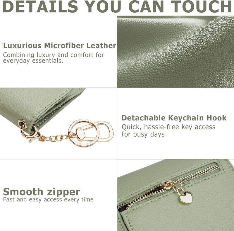 Sunpour Women Small Wallet RFID Blocking Slim Wallet with Coin Pocket Tri-Fold Credit Card Holder with ID Window and Keychain(Light Green) - Image 4